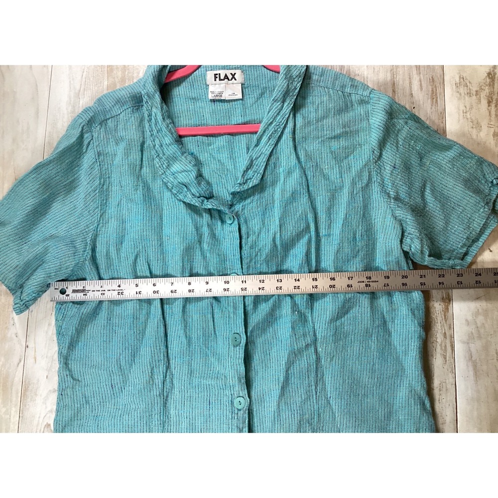 FLAX 100% Linen Turquoise Blue Stripe Short Sleeve Button Up Shirt L Minimalist - Picture 6 of 7